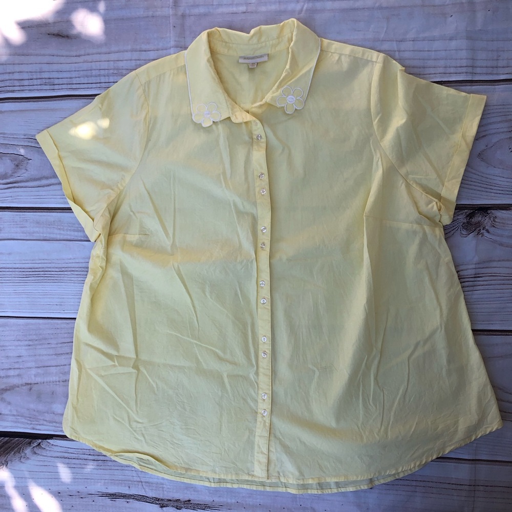 ModCloth Peasant Floral Embroidered Yellow Button Down Short Sleeve Blouse 3X